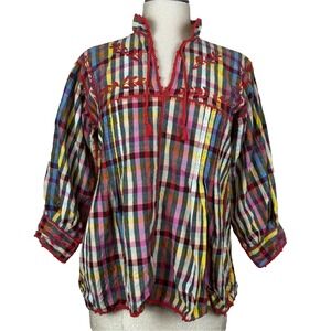 Carolina K Shirt‎ Womens M Plaid Embroidered Boho Peasant Top Hippie Festival